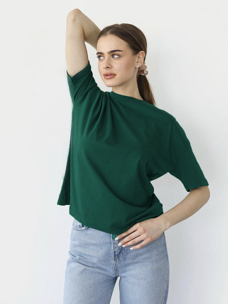 Solid Cotton T Shirt Loose Fit Crewneck Casual Top