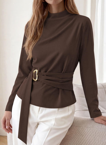 Burgundy Belted Mock Neck Slim Fit Long Sleeve Top