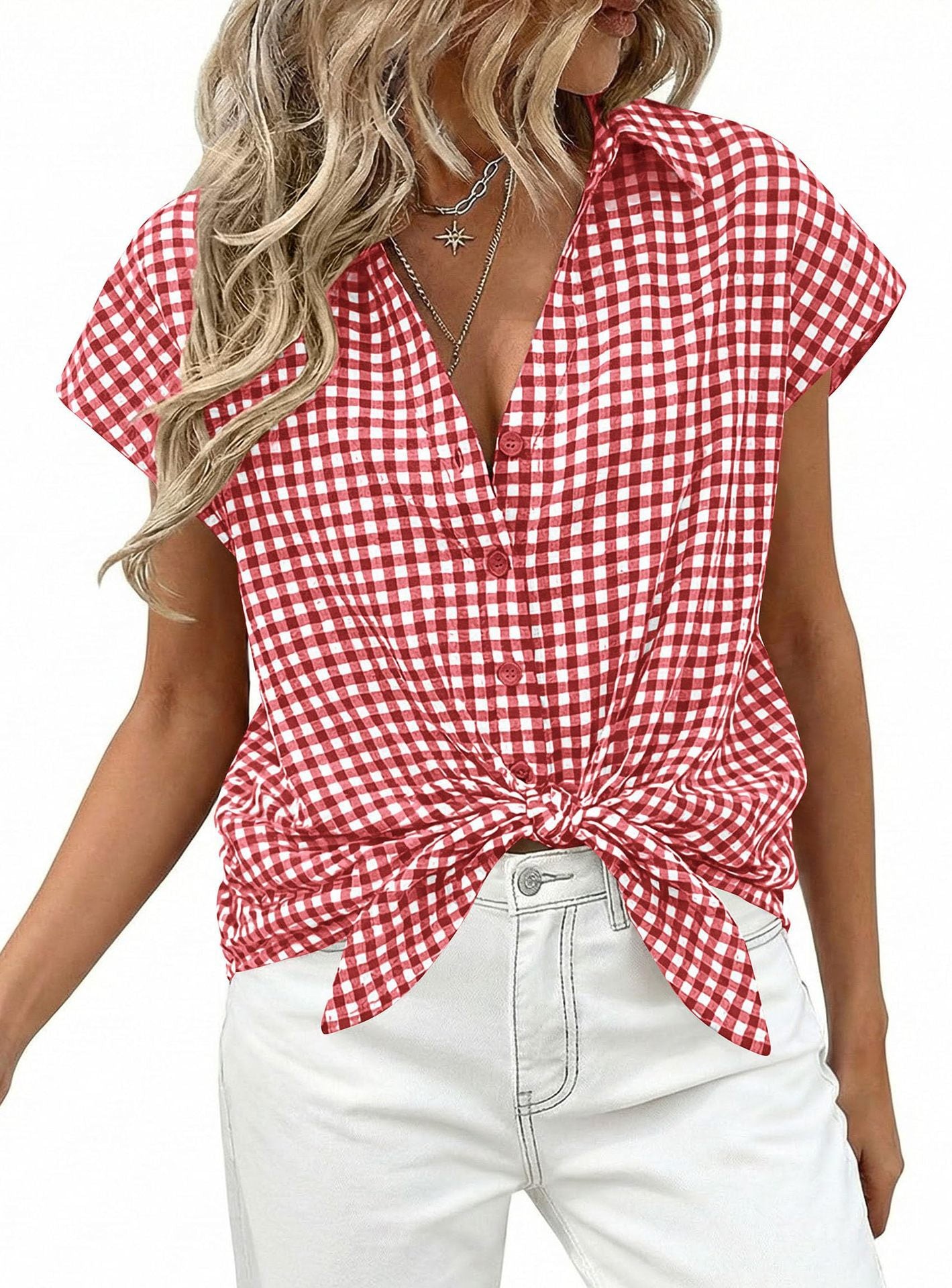 Gingham Button Down Short Sleeve Loose Fit Blouse