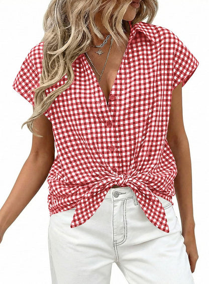 Gingham Button Down Short Sleeve Loose Fit Blouse