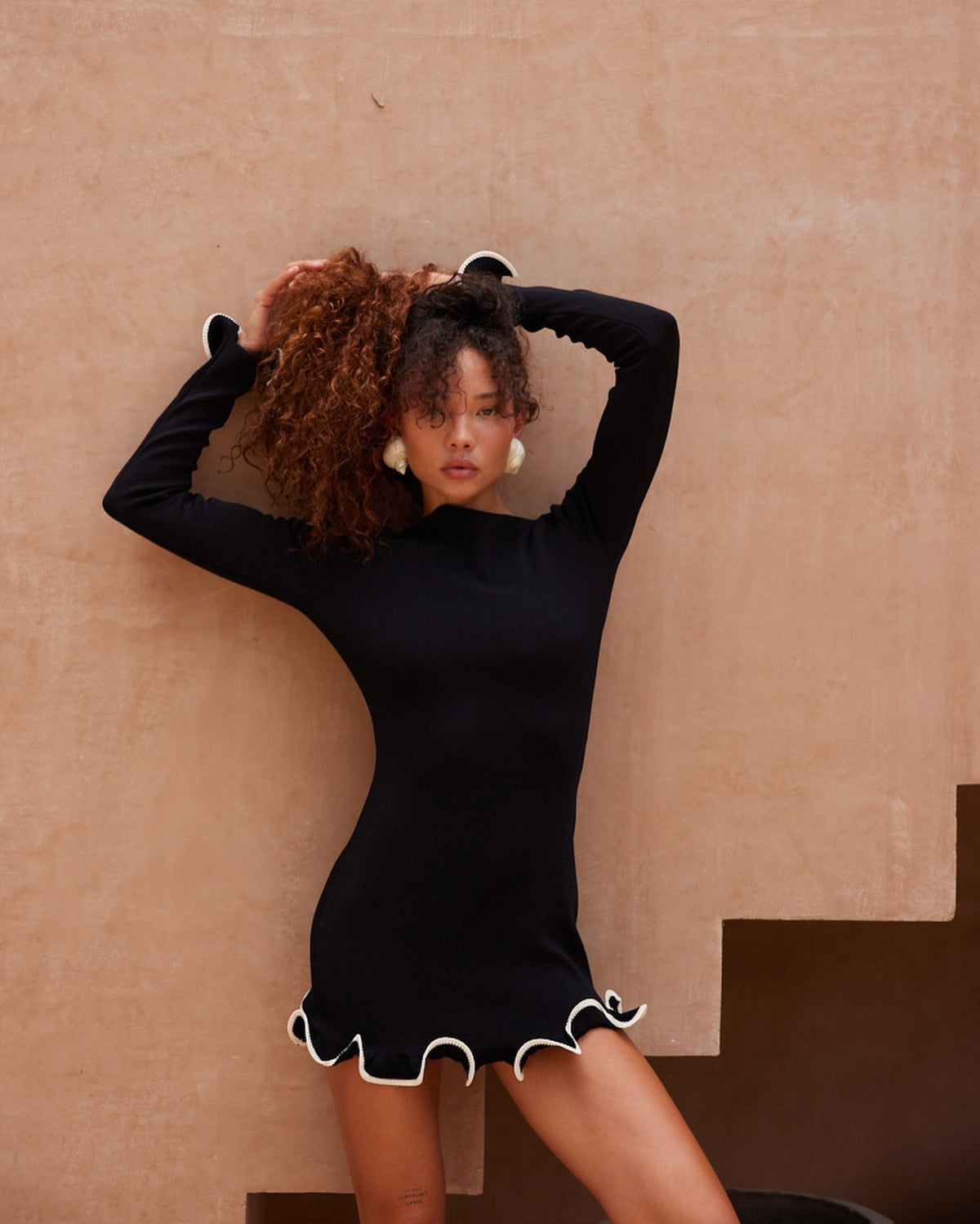 Ribbed Knit Lettuce Hem Bodycon Mini Dress Long Sleeve