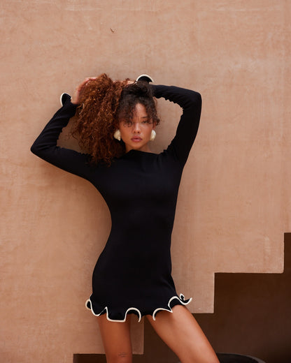 Ribbed Knit Lettuce Hem Bodycon Mini Dress Long Sleeve