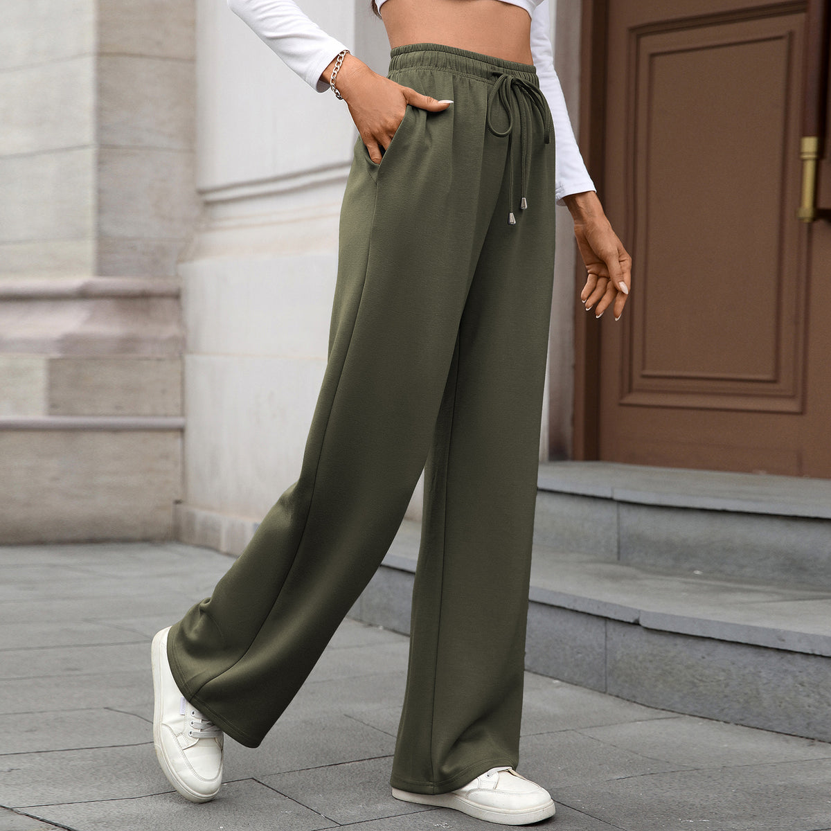 Womens Wide Leg Pants Elastic Waist Drawstring Pockets