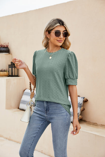 Sweet Puff Sleeve Shirt with Embroidered Cutouts
