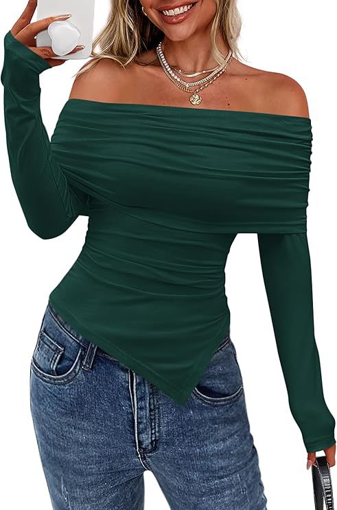Off Shoulder Long Sleeve Asymmetric Hem Slim Fit Top