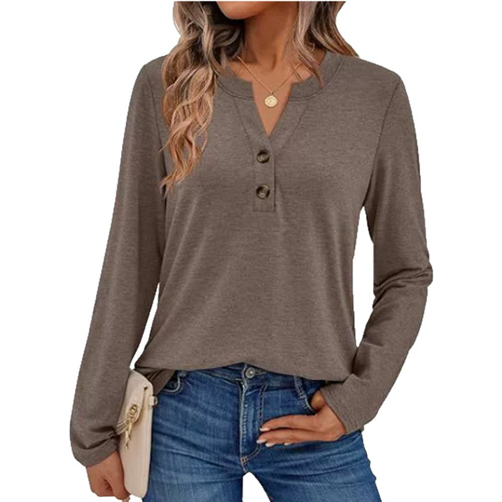 Women's Long Sleeve V-Neck Henley Loose Fit Top