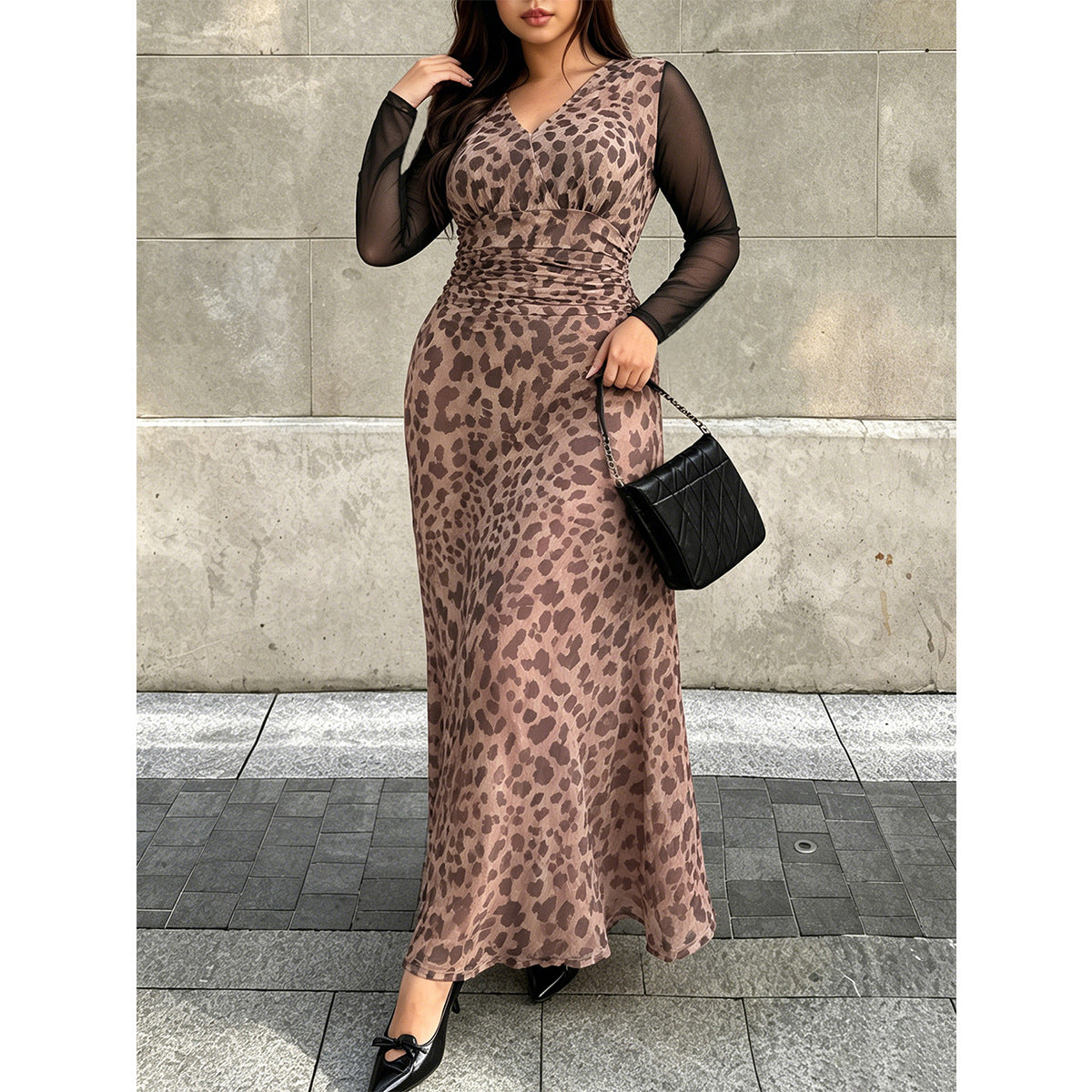 Plus Size Leopard Ruched Mesh Sleeve Maxi Dress