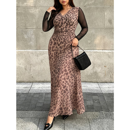 Plus Size Leopard Ruched Mesh Sleeve Maxi Dress