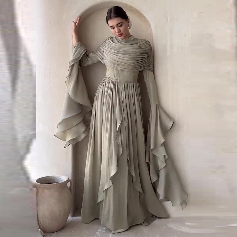 Women's Elegant Pleated Long Sleeve Maxi Dress
