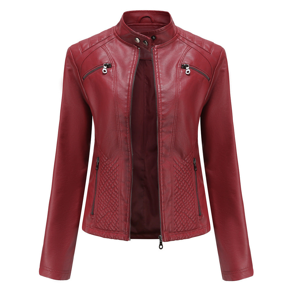 Women's Quilted Faux Leather Moto Jacket Zip Slim Fit