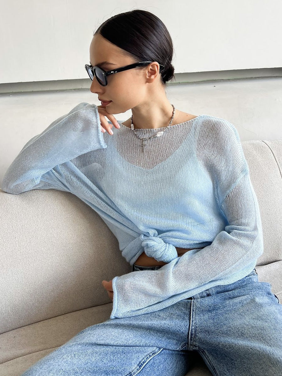 Sheer Knit Pullover Sweater Long Sleeve Loose Fit Top
