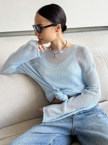 Sheer Knit Pullover Sweater Long Sleeve Loose Fit Top