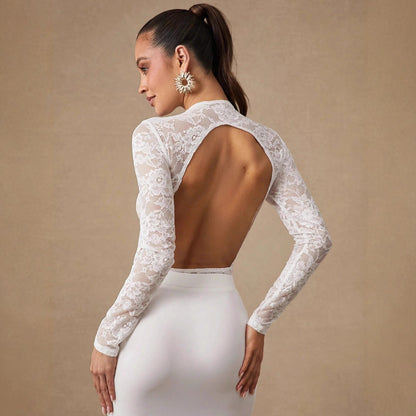 White Lace Long Sleeve Bodysuit Elegant Sheer Jumpsuit