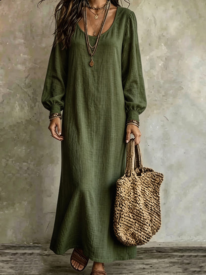 Women's Boho Long Sleeve U-Neck Maxi Dress Loose Solid