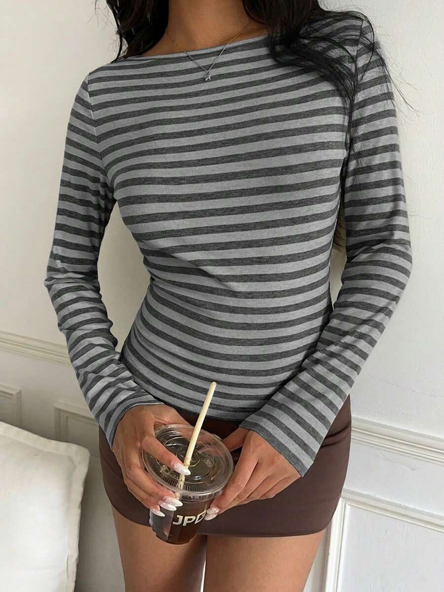 Striped Cotton Blend Long Sleeve Fitted Casual Tee