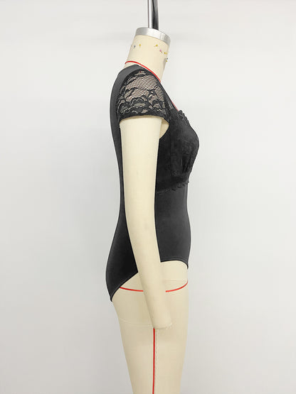 Lace V Neck Bodysuit Sexy Short Sleeve Bodycon Top
