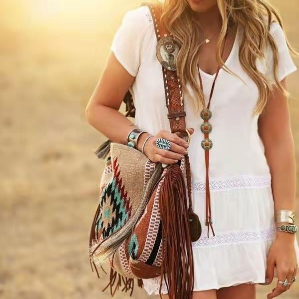 Boho Woven Canvas Tassel Shoulder Bag for Women