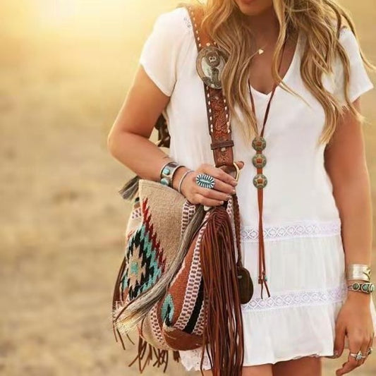 Boho Woven Canvas Tassel Shoulder Bag for Women
