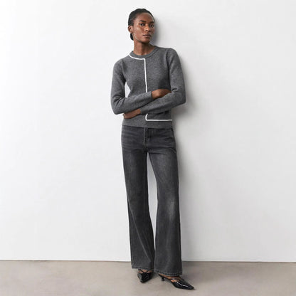 Women's Contrast Trim Crew Neck Knit Sweater