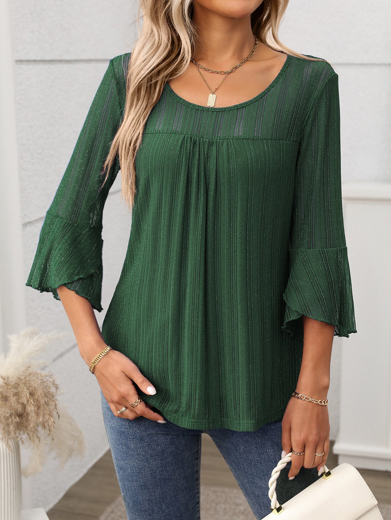 Elegant Round Neck Lotus Leaf Sleeve Mesh Top