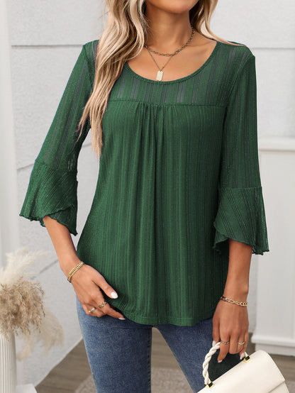 Elegant Round Neck Lotus Leaf Sleeve Mesh Top