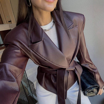 Womens Faux Leather Tie Waist Moto Blazer Jacket