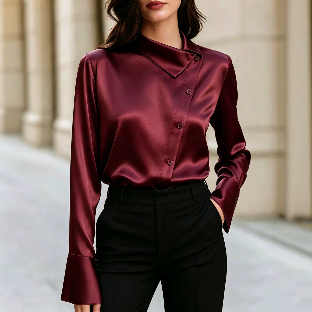 Women's Satin Asymmetric Button Down Blouse Long Sleeve