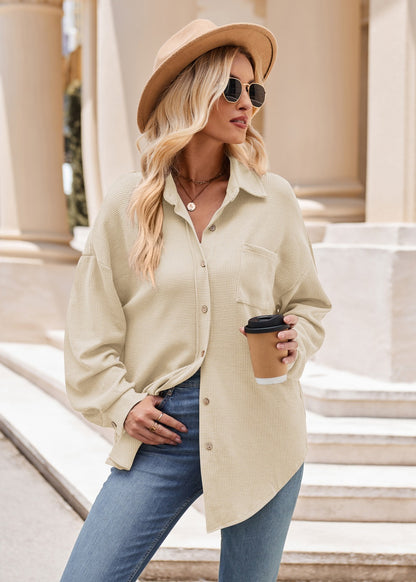 Women’s Casual Loose Fit Button Down Waffle Knit Shirt Jacket