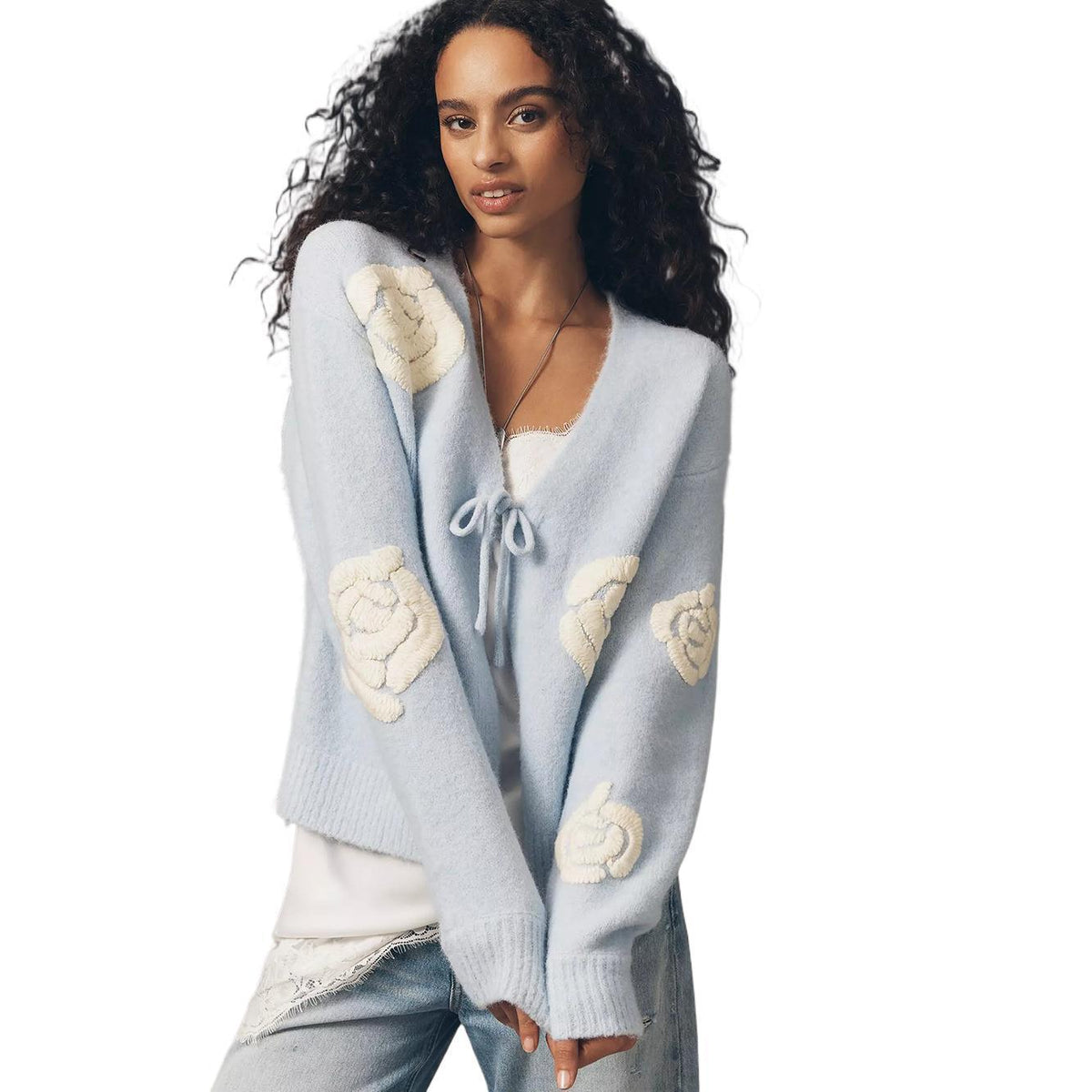 Women's Fuzzy Floral Tie Front Cardigan Light Blue