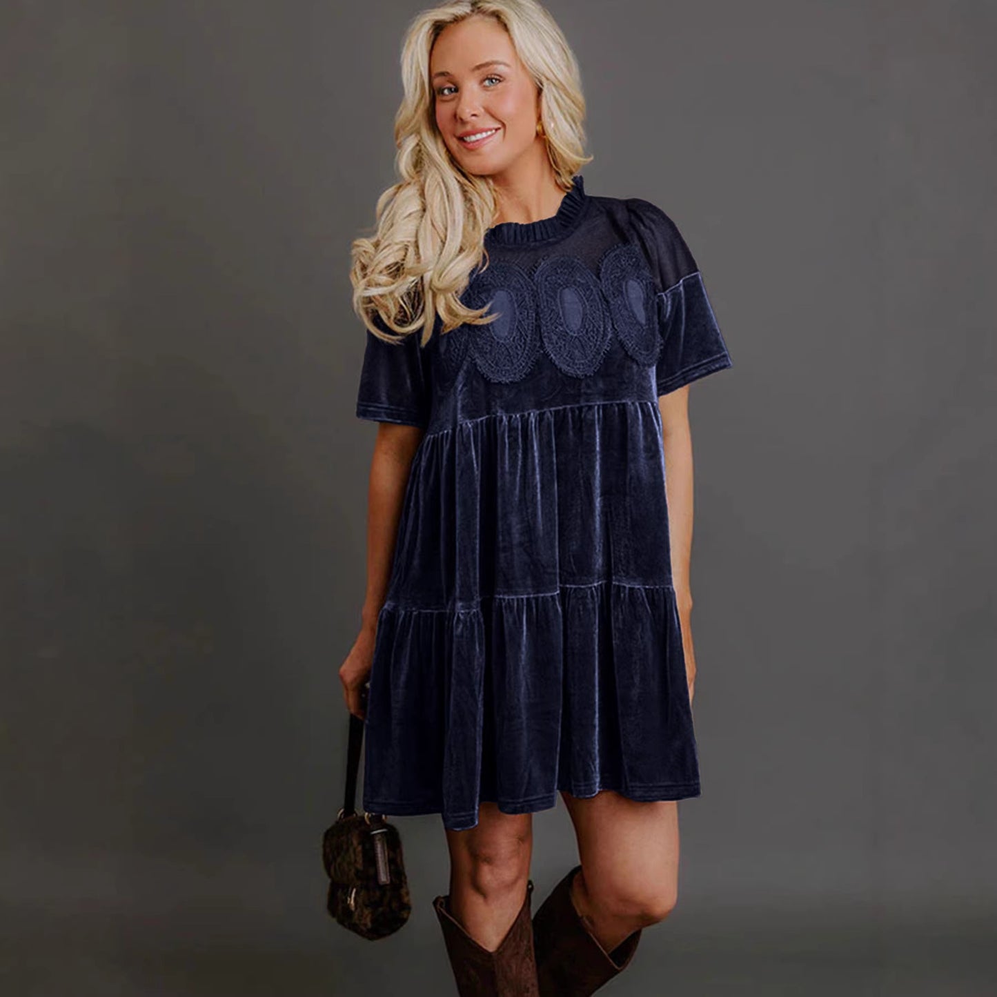 Velvet Embroidered Puff Sleeve Dress – Spring Trend