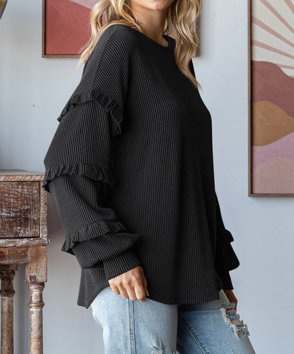 Lantern Sleeve Lace Round Neck Top