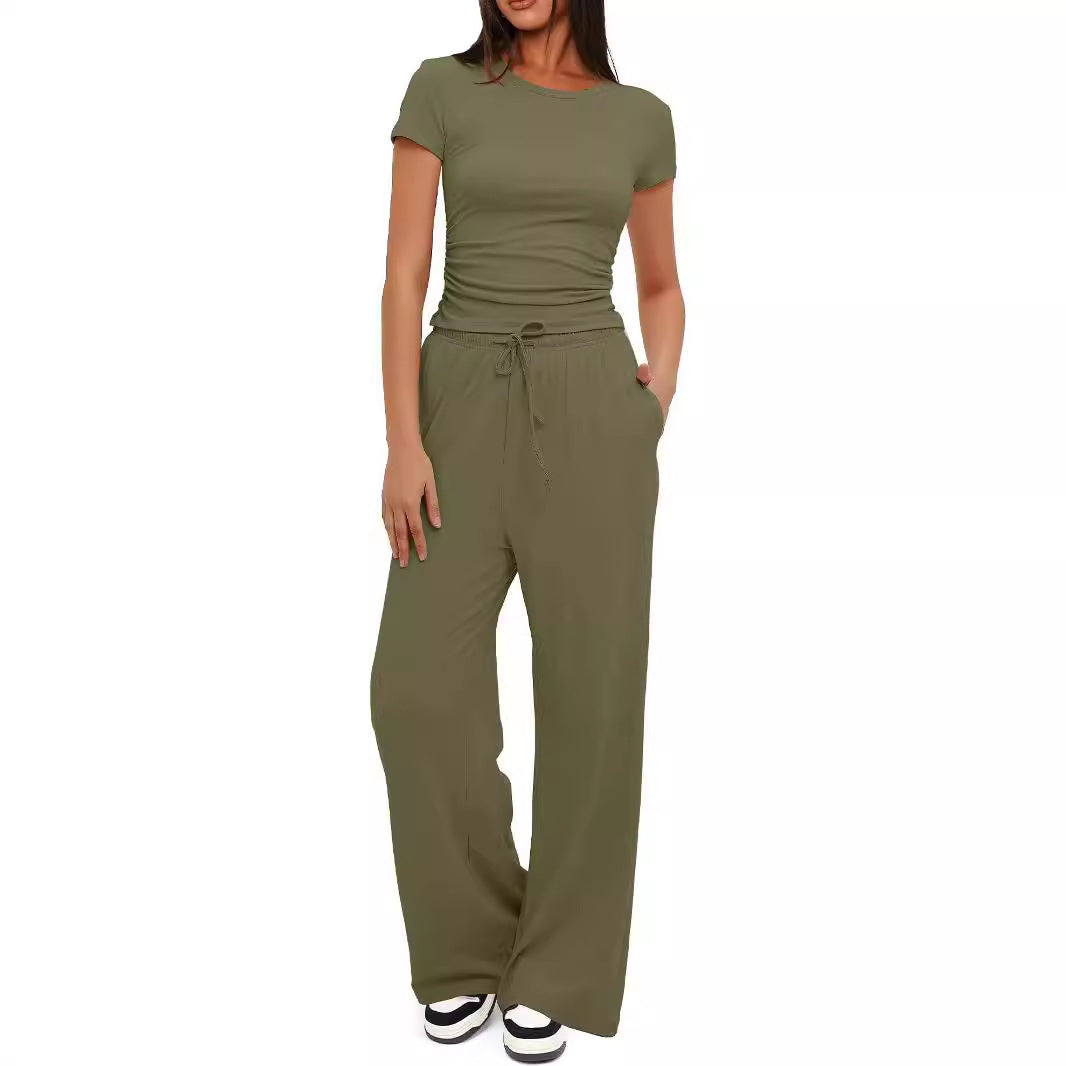 Women's Ruched Top Wide Leg Pants Two Piece Lounge Set