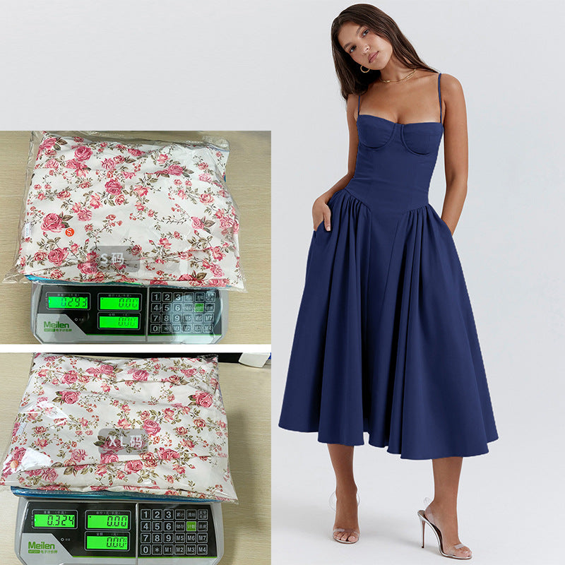 Elegant French Midi Dress Sleeveless Fit Flare Blue