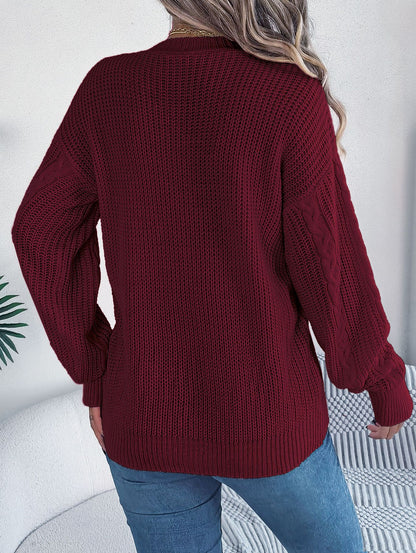 Fall Winter Cable Knit V Neck Lantern Sleeve Cardigan