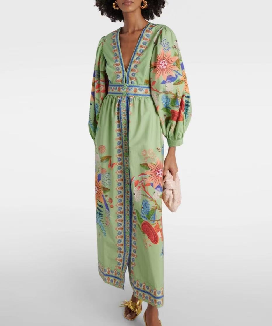 Green Floral Maxi Dress V-Neck Puff Sleeve Boho