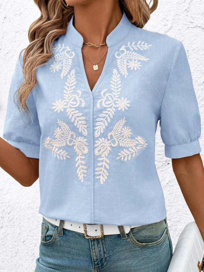V Neck Embroidered Cotton Blouse Casual Summer Shirt