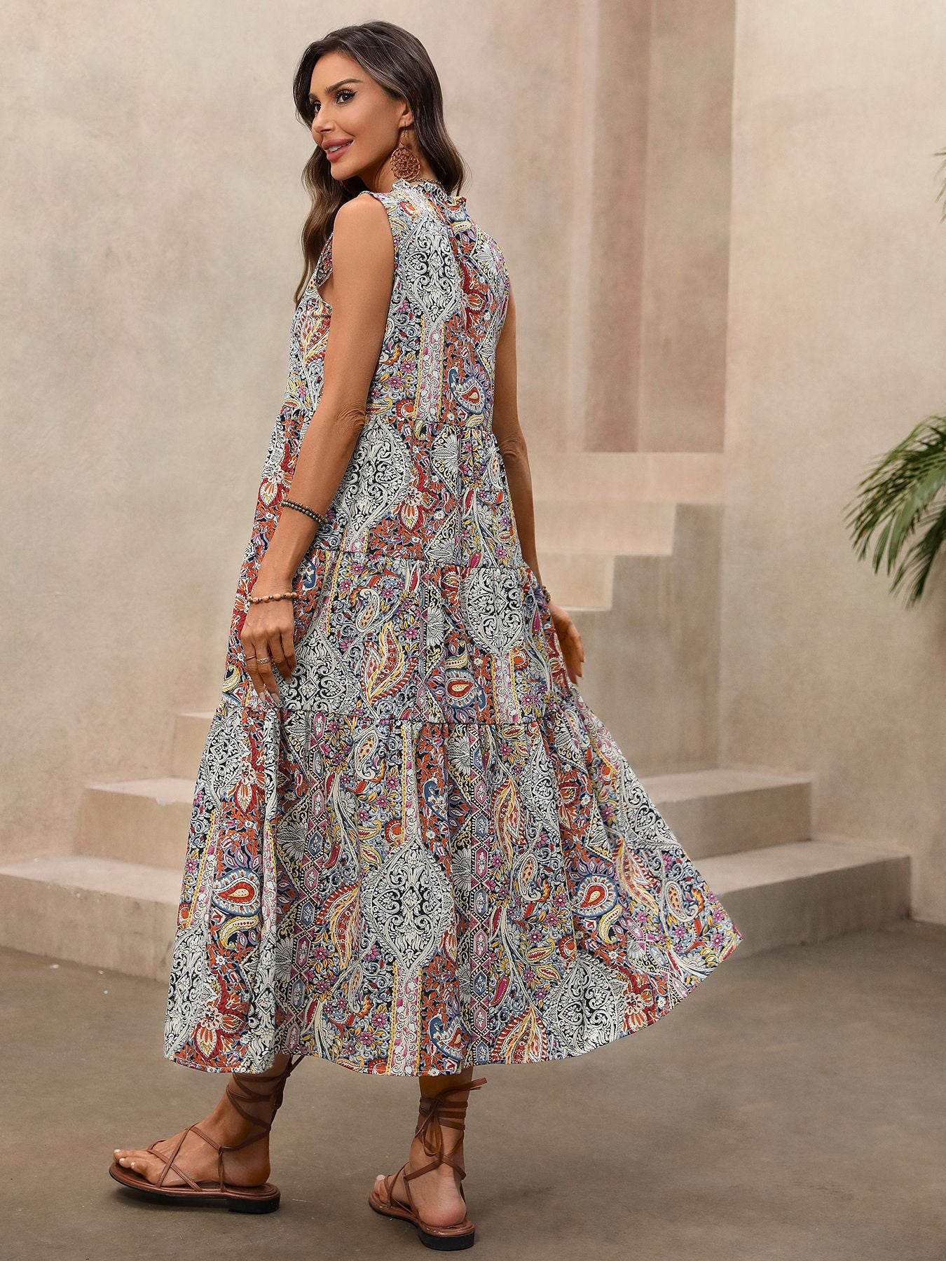 Boho Paisley Sleeveless Midi Dress Tassel Vacation