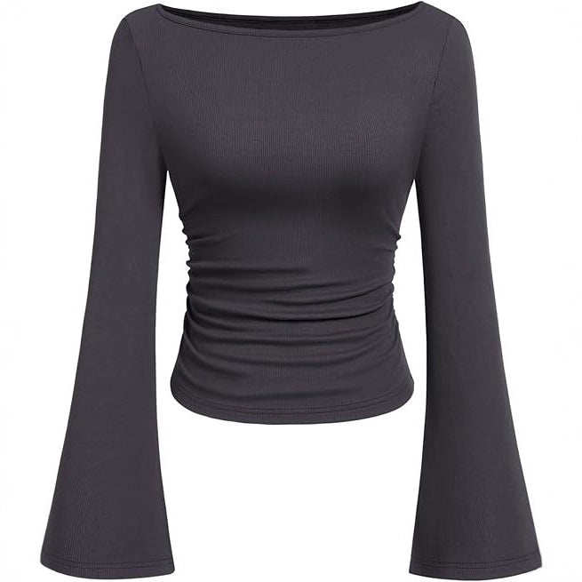 Women's Ruched Boat Neck Bell Sleeve Ribbed Top