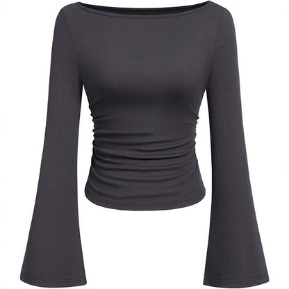 Women's Ruched Boat Neck Bell Sleeve Ribbed Top