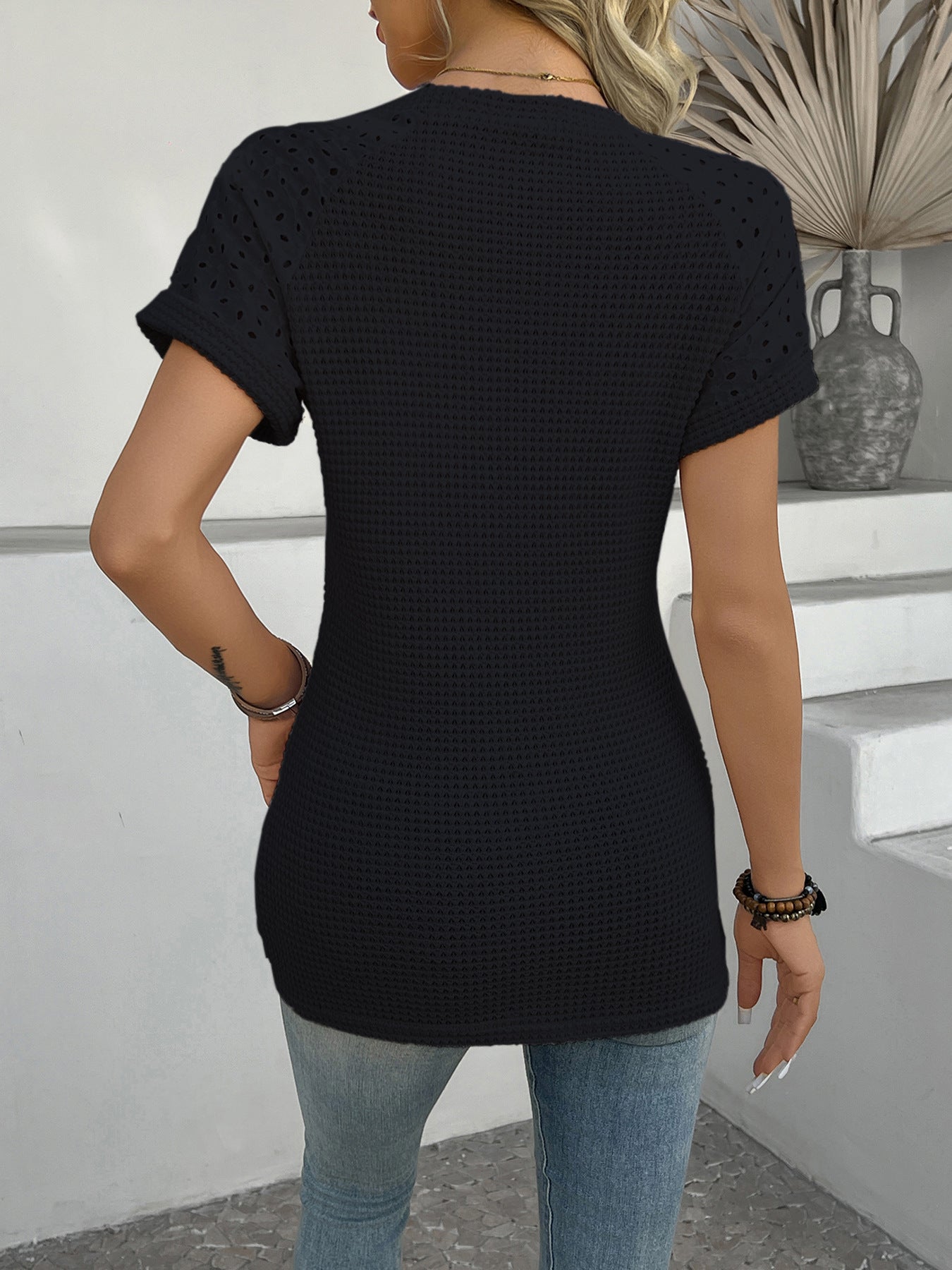 Eyelet Knit Crewneck Short Sleeve Casual T Shirt Top