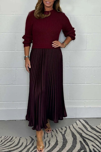 Women's Colorblock Ribbed Pleated Maxi Dress Long Sleeve