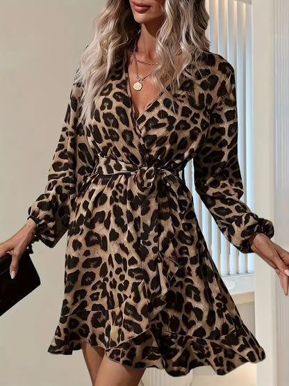 Leopard Print V-Neck Long Sleeve Tie Waist Ruffle Dress