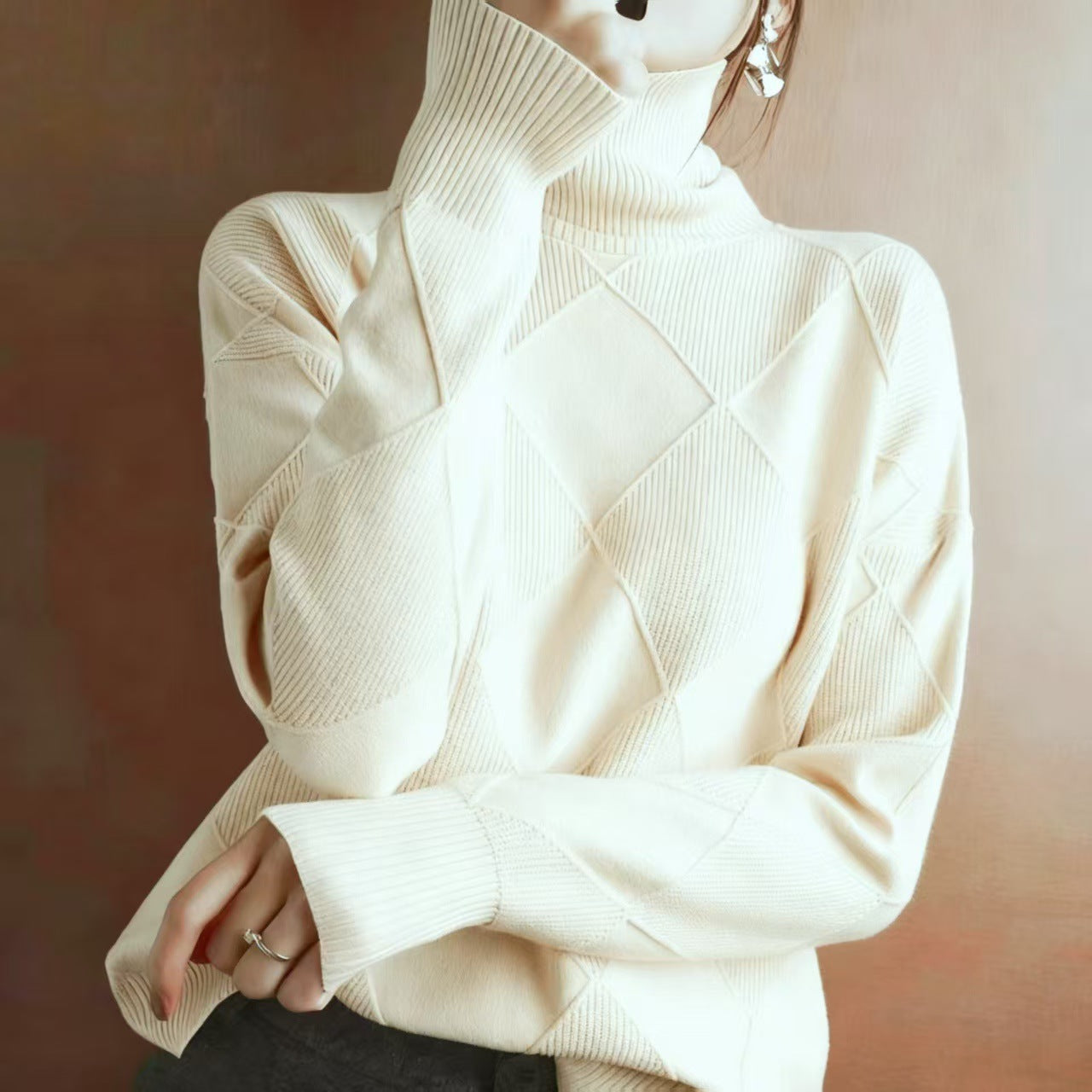 Chunky Turtleneck Sweater Diamond Pattern Pullover