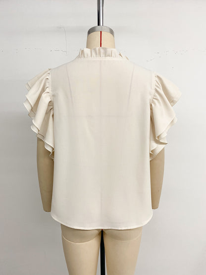 Flutter Sleeve Ruffle Collar Tie Neck Blouse Top