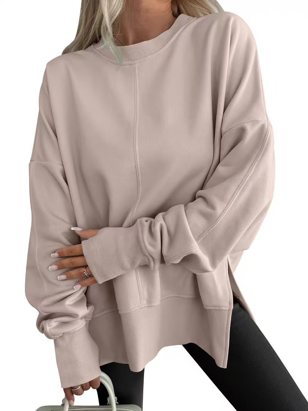 Oversized Crewneck Sweatshirt Batwing Side Slit Fleece