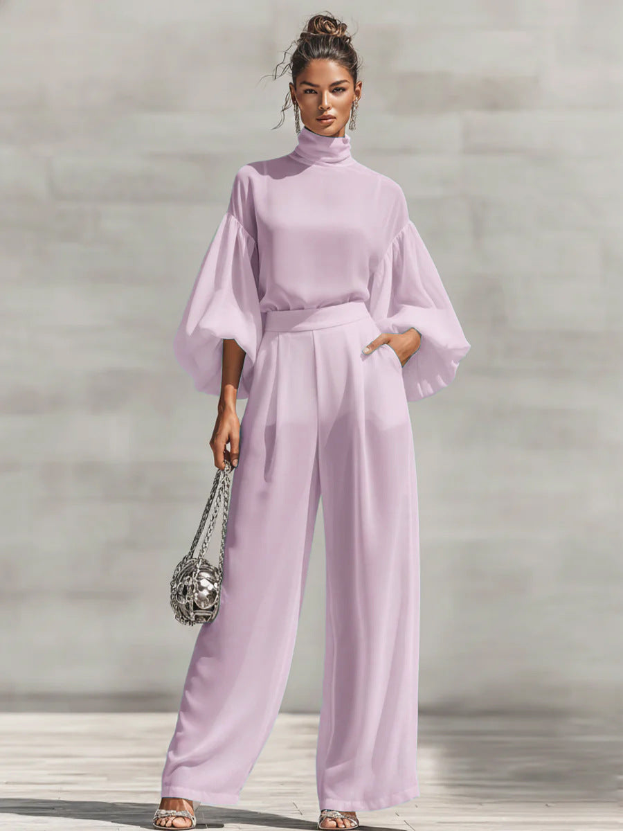 Women's Lantern Sleeve Blouse Wide Leg Pants Two Piece Set