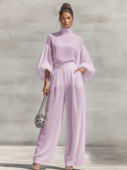 Women's Lantern Sleeve Blouse Wide Leg Pants Two Piece Set