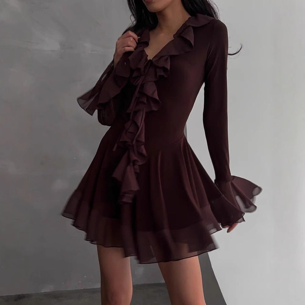 Sexy Deep V Ruffle Mesh Mini Dress Bell Sleeve Brown