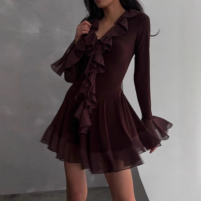 Sexy Deep V Ruffle Mesh Mini Dress Bell Sleeve Brown