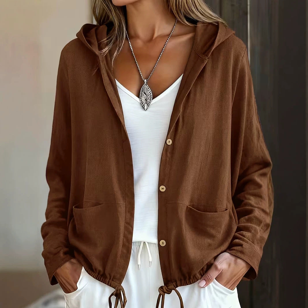 Women's Casual Hooded Button Jacket with Pockets